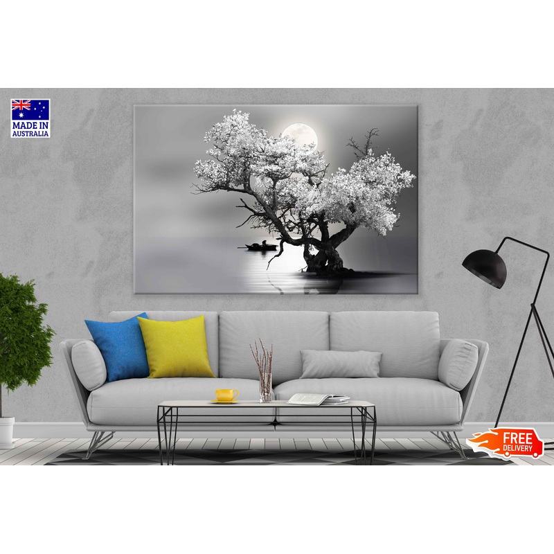 Tree on Lake Full Moon Night B&W View Photograph Print 100% Australian Made