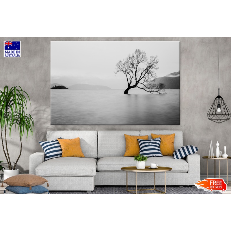 Tree On Lake Sky View B&W Photograph Print 100% Australian Made