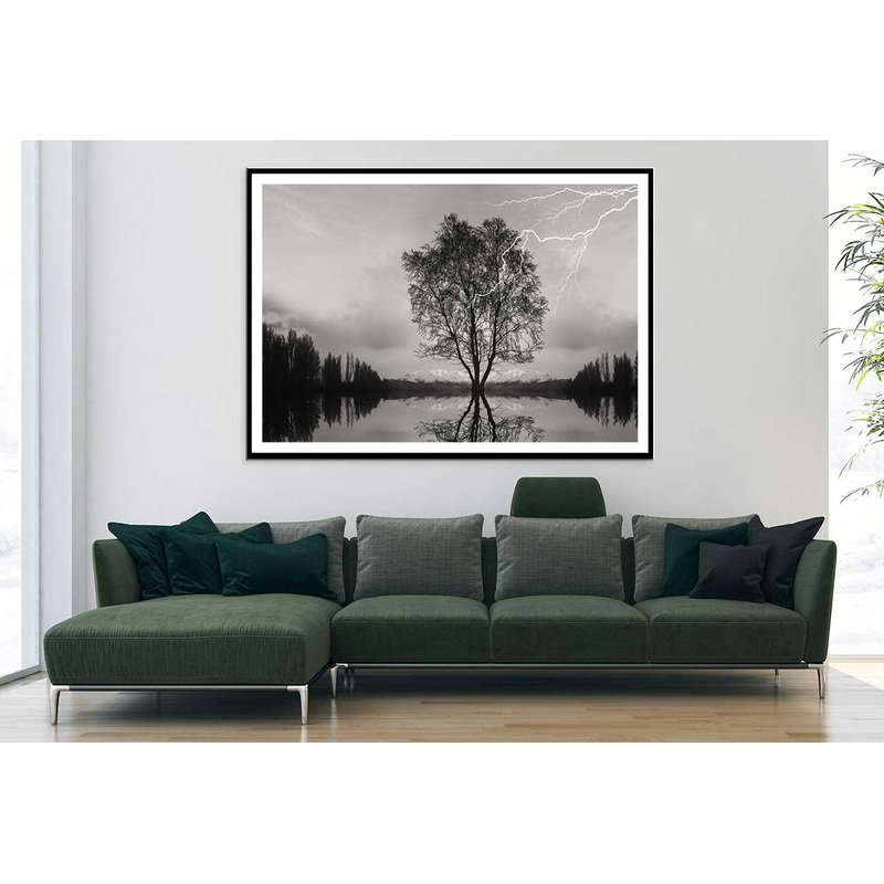 Tree on Lake & Thunderstorm B&W View Photograph Home Decor Premium Quality Poster Print Choose Your Sizes