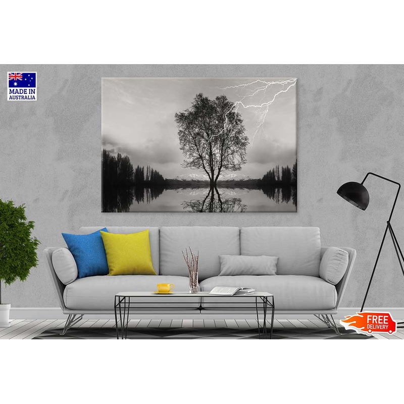 Tree on Lake & Thunderstorm B&W View Photograph Print 100% Australian Made