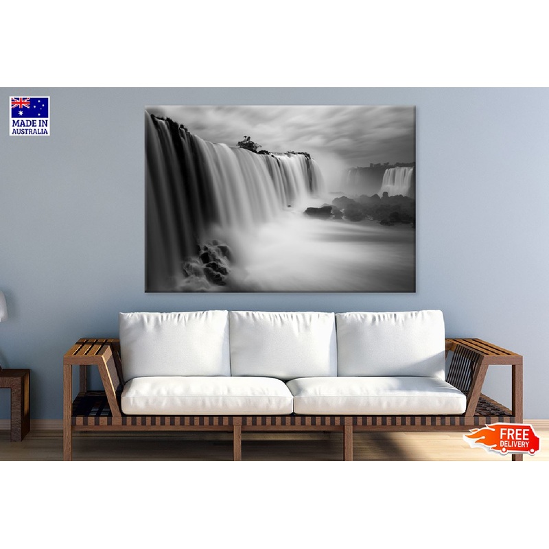 Waterfall under Cloudy Sky B&W Photograph Print 100% Australian Made