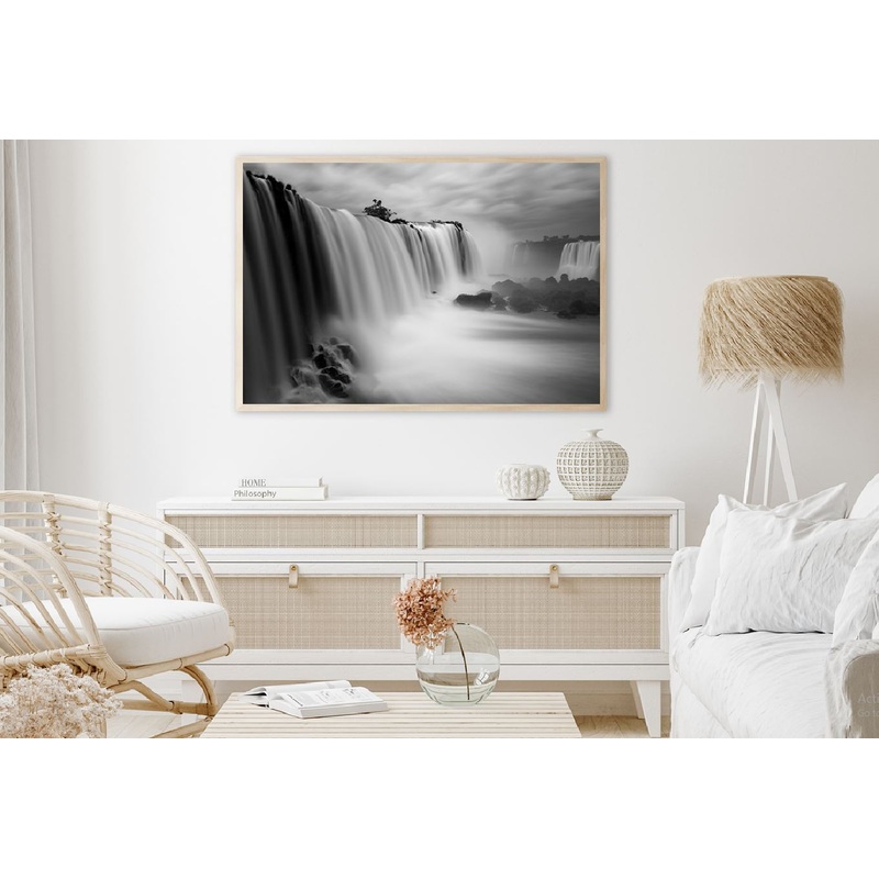 Waterfall under Cloudy Sky B&W View Photograph Home Decor Premium Quality Poster Print Choose Your Sizes