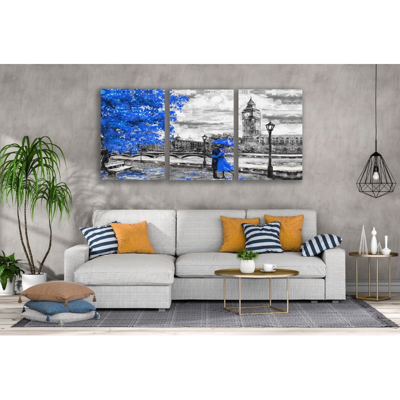 3 Set of Couple in London City Blue, B&W Painting High Quality Print 100% Australian Made Wall Canvas Ready to Hang