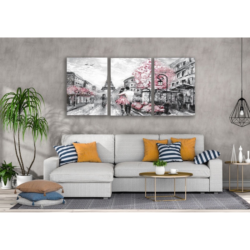 3 Set of Pink B&W Painting of Couple Walking in Street near Eiffel Tower High Quality Print 100% Australian Made Wall Canvas Ready to Hang
