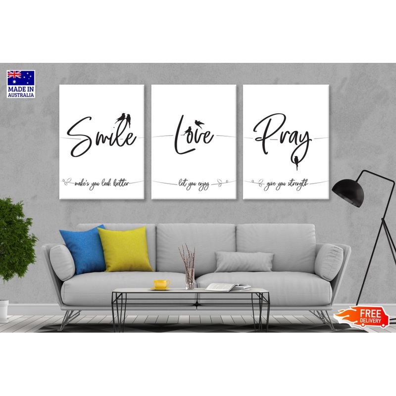 3 Set of Smile Live Pray B&W Word Art High Quality Print 100% Australian Made Wall Canvas Ready to Hang