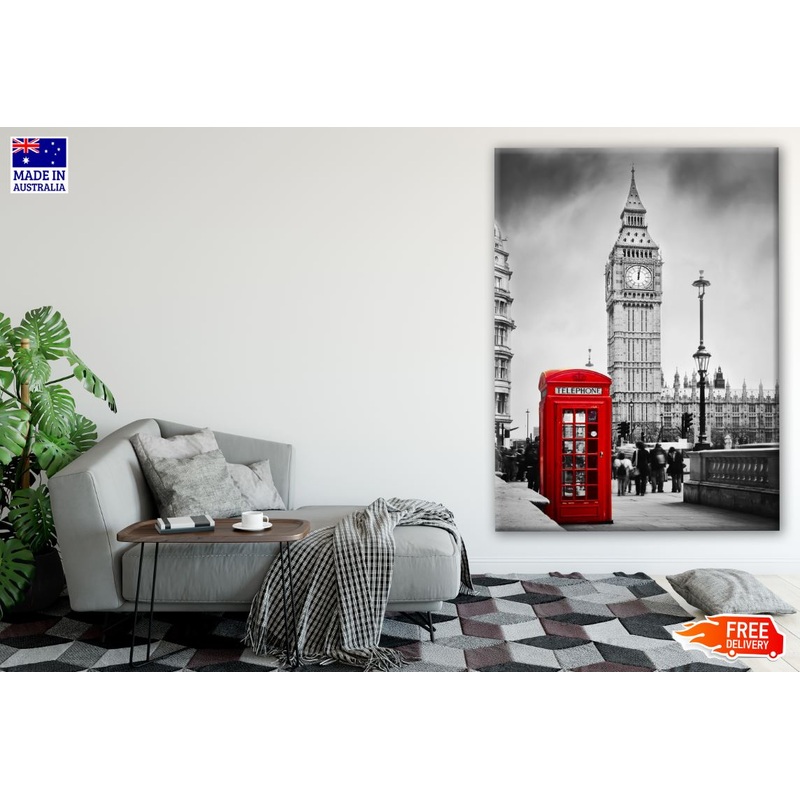 B&W London Clock Tower & Red Phone Booth Print 100% Australian Made