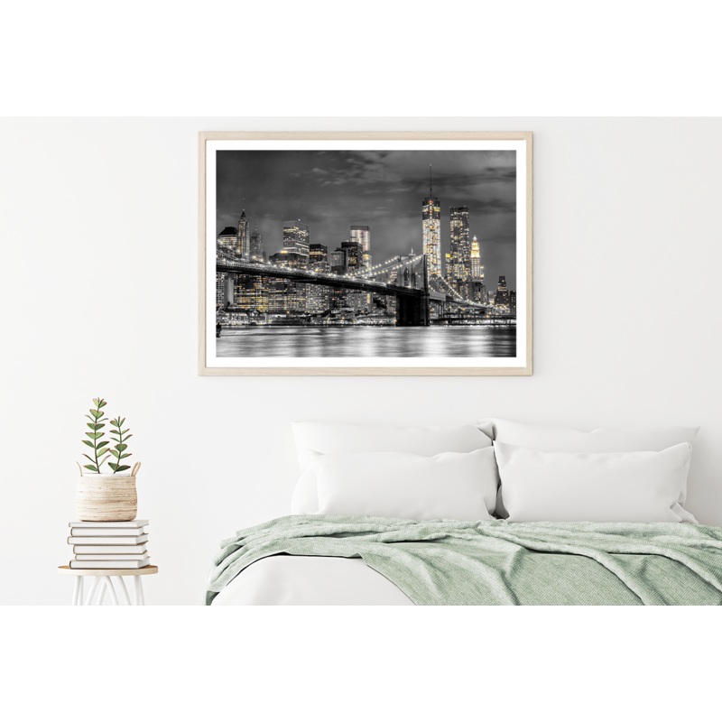 B&W Night City with Lights View Photograph Home Decor Premium Quality Poster Print Choose Your Sizes