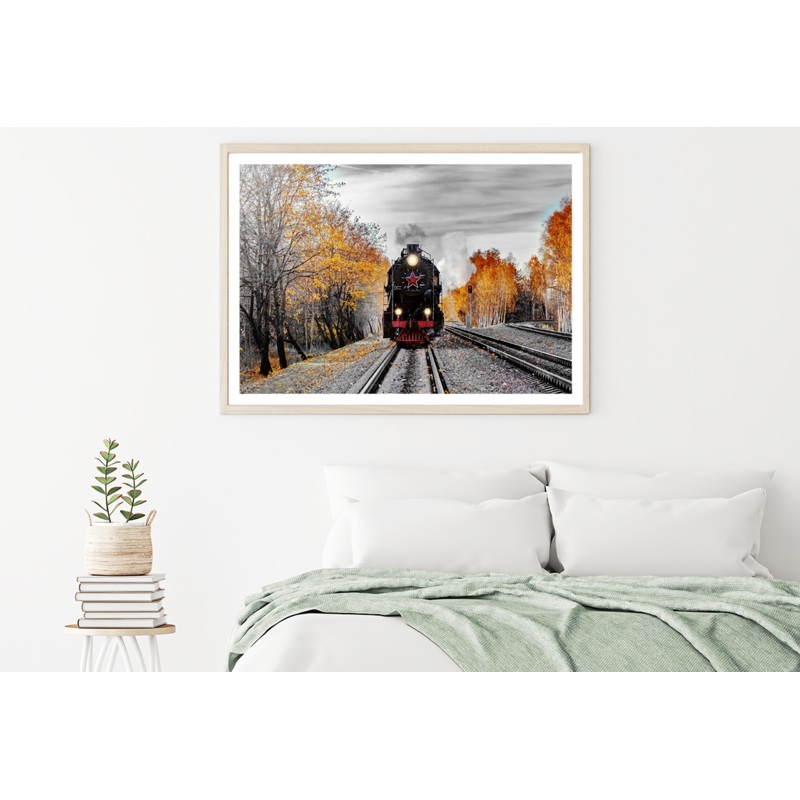B&W Train & Autumn Trees Photograph Home Decor Premium Quality Poster Print Choose Your Sizes