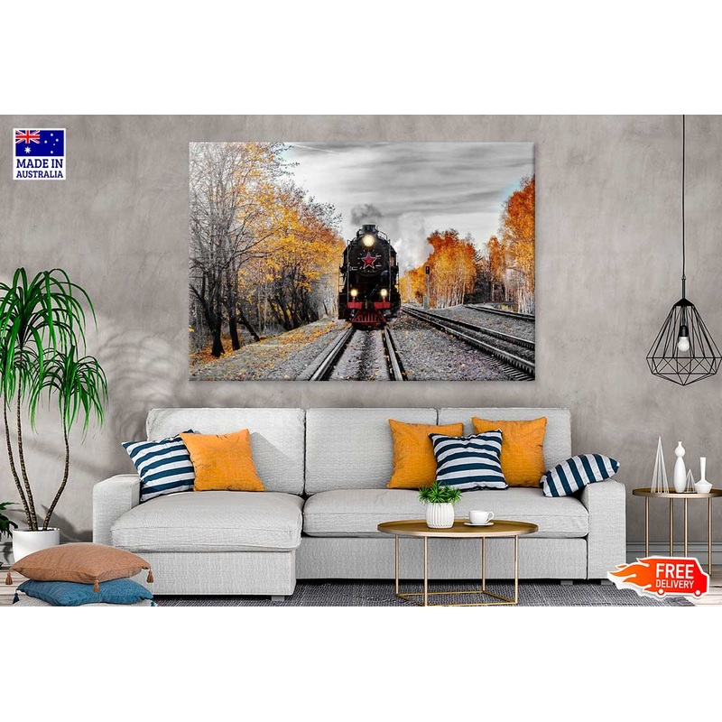 B&W Train & Autumn Trees View Photograph Print 100% Australian Made