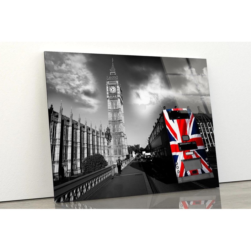 Big Ben with City Bus Covered Flag of England, London, UK Acrylic Glass Print Tempered Glass Wall Art 100% Made in Australia Ready to Hang