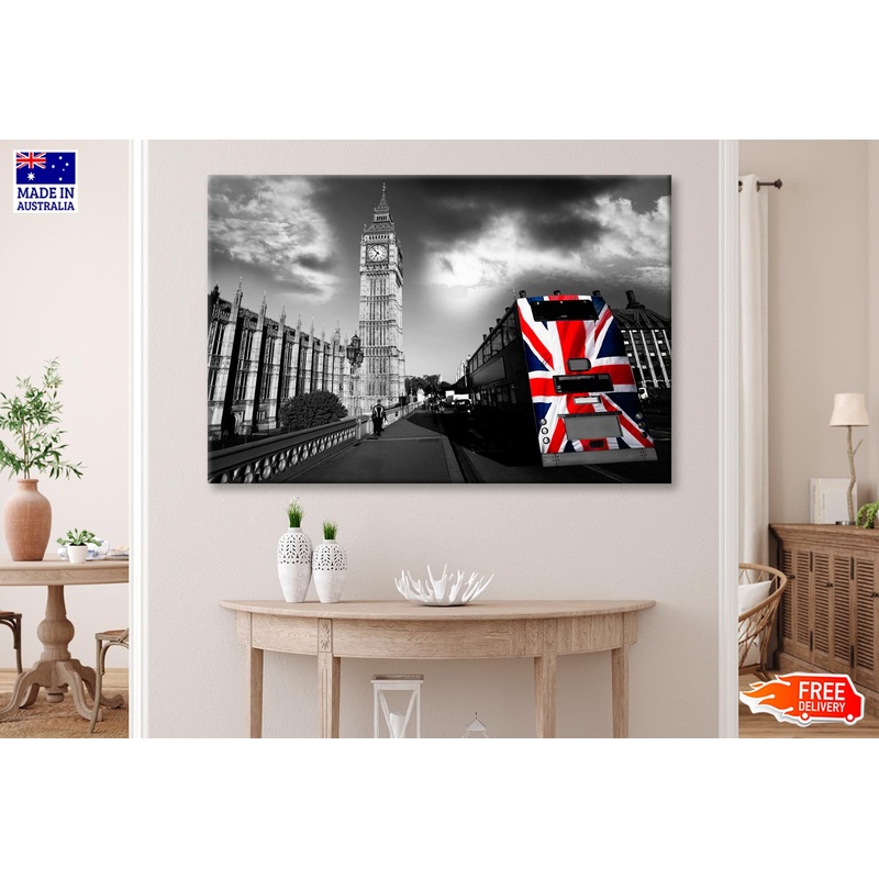Big Ben with City Bus Covered Flag of England, London, UK Wall Art Decor 100% Australian Made