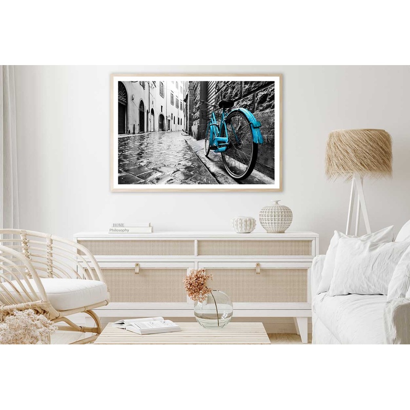 Blue Bike on Old Town Street B&W Photograph Home Decor Premium Quality Poster Print Choose Your Sizes