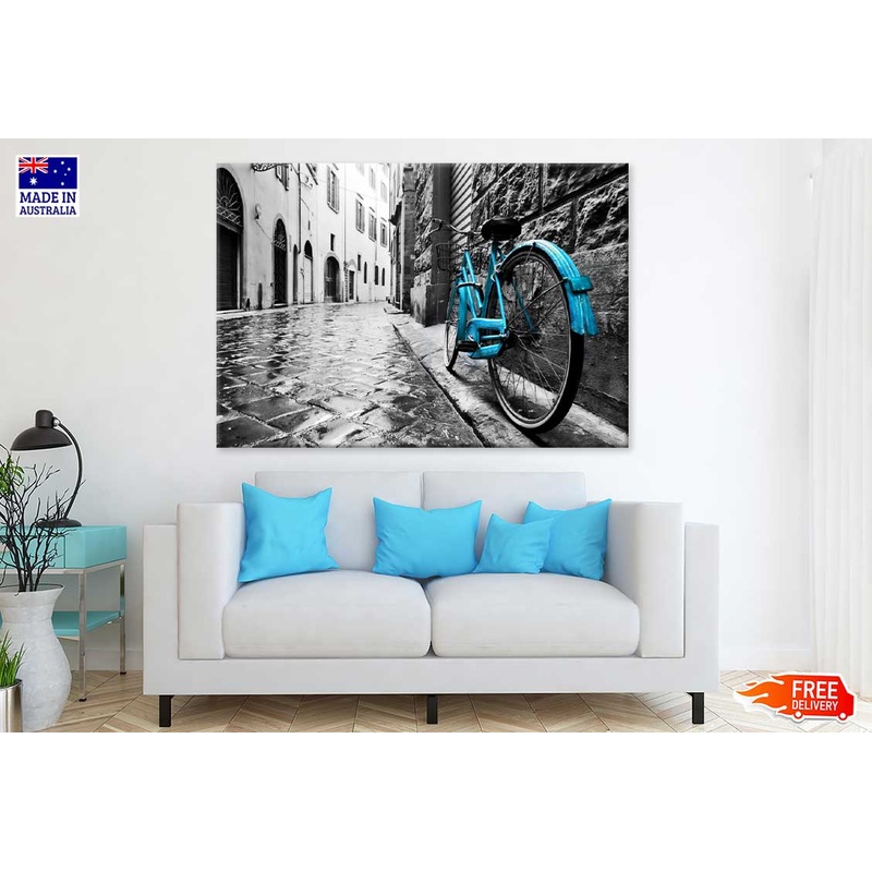 Blue Bike on Old Town Street B&W Photograph Print 100% Australian Made
