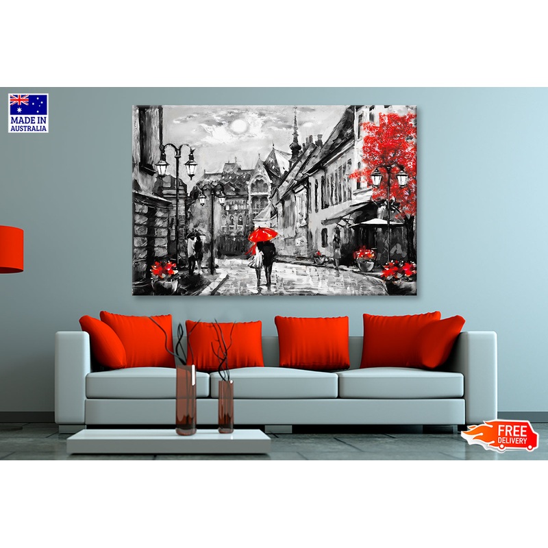 Budapest Street & Couple Under Red Umbrella B&W Painting Wall Art Limited Edition High Quality Print