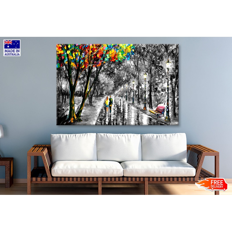 Colorful Leaves Tree & Couple with B&W Forest Painting Wall Art Limited Edition High Quality Print