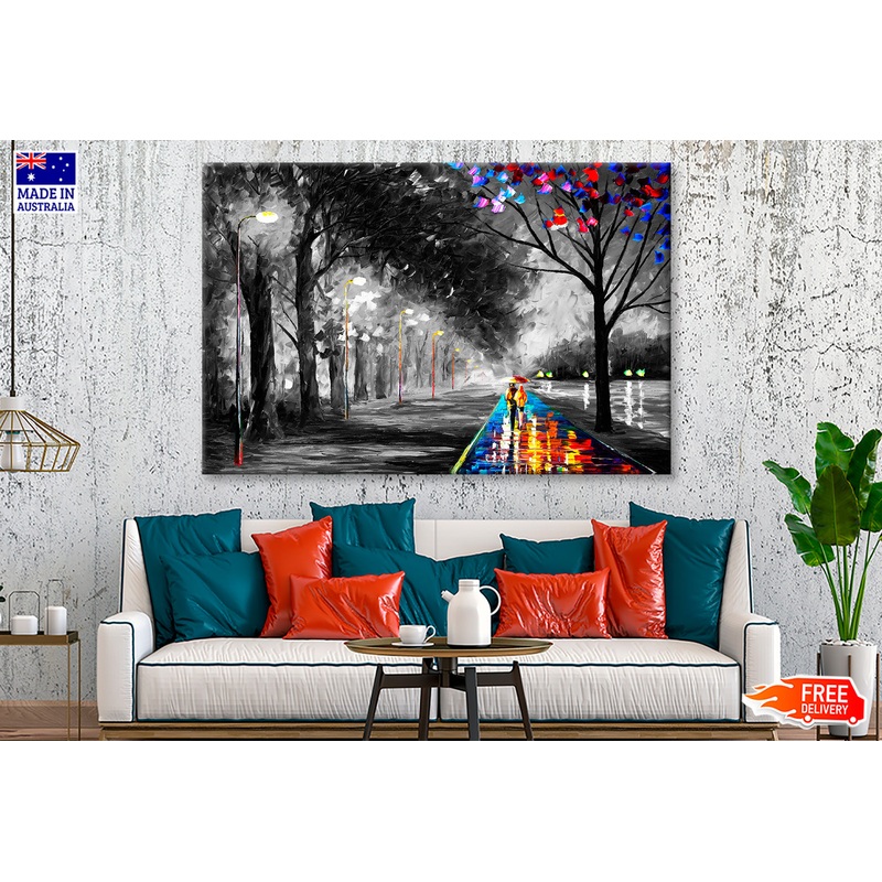 Couple Walking on Colorful Road B&W Trees Painting Wall Art Limited Edition High Quality Print