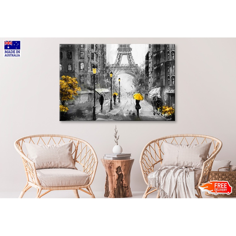 Eiffel Tower with People Under Yellow Umbrella & Tree Painting Wall Art Limited Edition High Quality Print