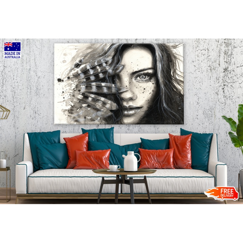 Girl Face Portrait with Feathers Black & White Print 100% Australian Made