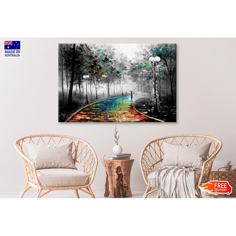 Girl Walking on Colorful Road B&W Forest Painting Wall Art Limited Edition High Quality Print
