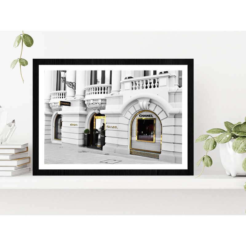 Gold Door B&W Fashion Store View Photograph Glass Framed Wall Art, Ready to Hang Quality Print