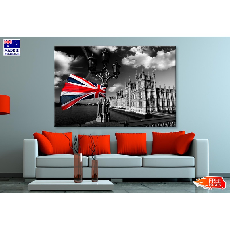 Houses Of Parliament with Flag of England, London, UK Wall Art Decor 100% Australian Made