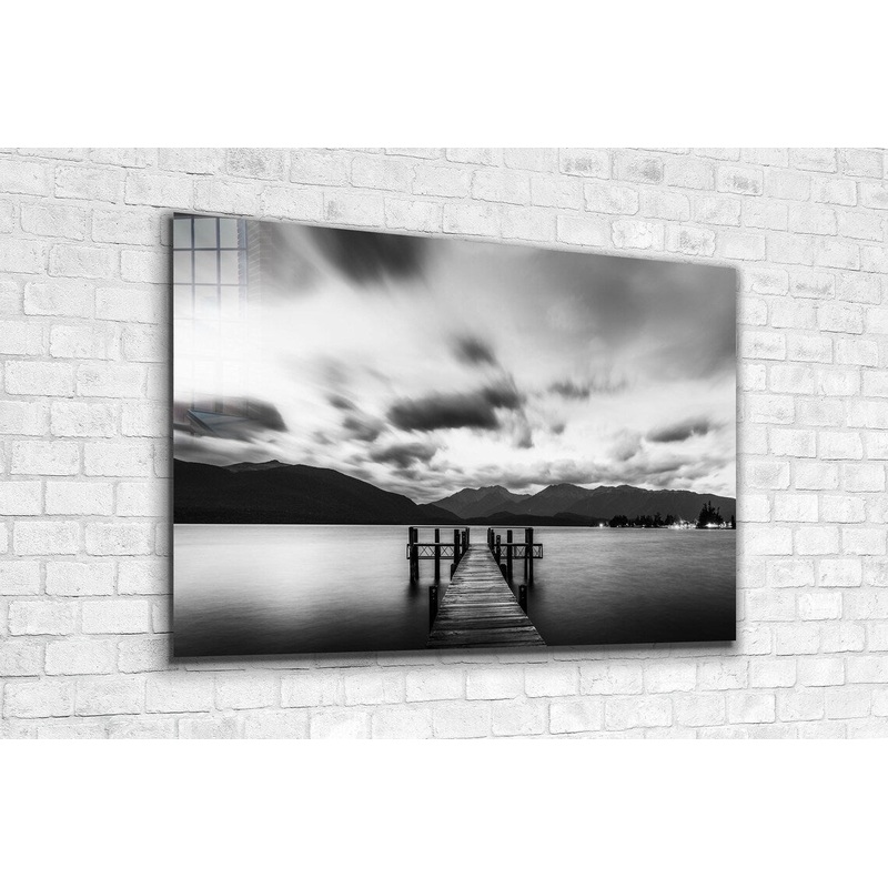 Lake Dock Clouds B&W Print Tempered Glass Wall Art 100% Made in Australia Ready to Hang