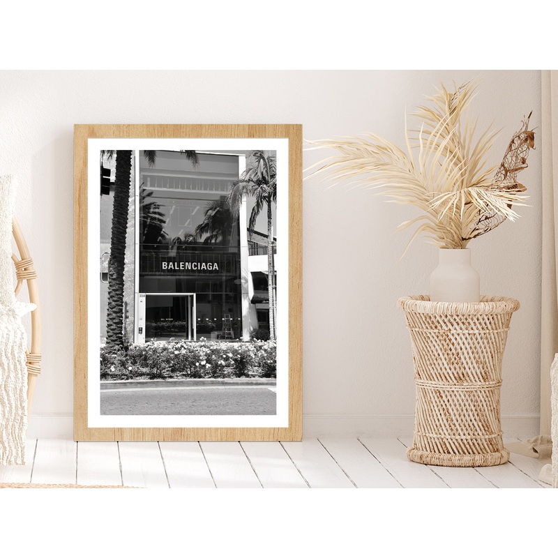Palm Tree near Fashion Store B&W Photograph Glass Framed Wall Art, Ready to Hang Quality Print