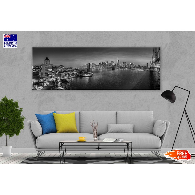 Panoramic Canvas Manhattan City B&W View High Quality 100% Australian Made Wall Canvas Print Ready to Hang