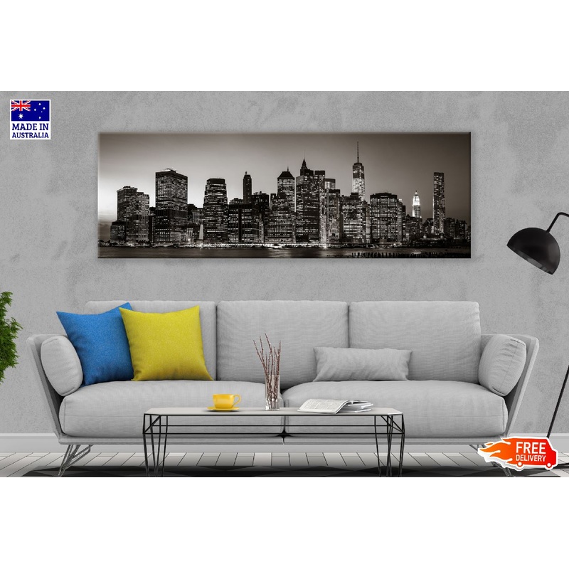 Panoramic Canvas Manhattan City Night B&W View Photograph High Quality 100% Australian Made Wall Canvas Print Ready to Hang