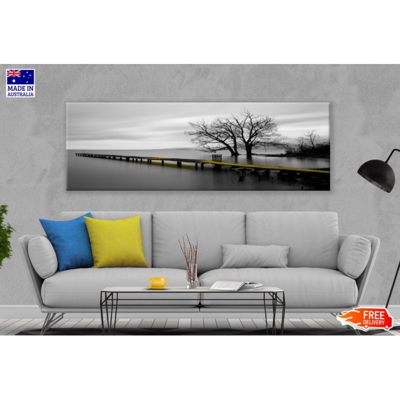 Panoramic Canvas Wooden Pier B&W View High Quality 100% Australian Made Wall Canvas Print Ready to Hang