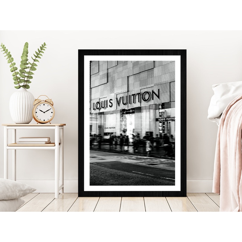 People near Fashion Store B&W Photograph Glass Framed Wall Art, Ready to Hang Quality Print