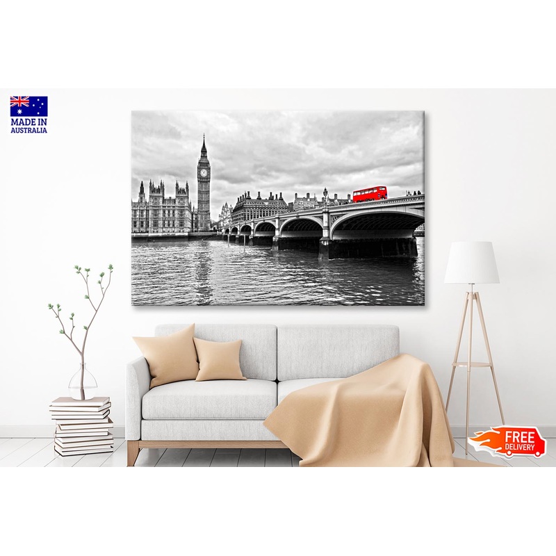 Red Bus on Westminster Bridge by The Houses of Parliament Wall Art Decor 100% Australian Made