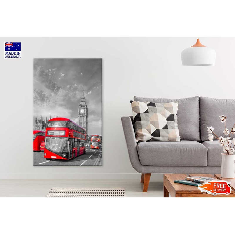 Red Buses near Bigben Tower B&W Photograph Print 100% Australian Made