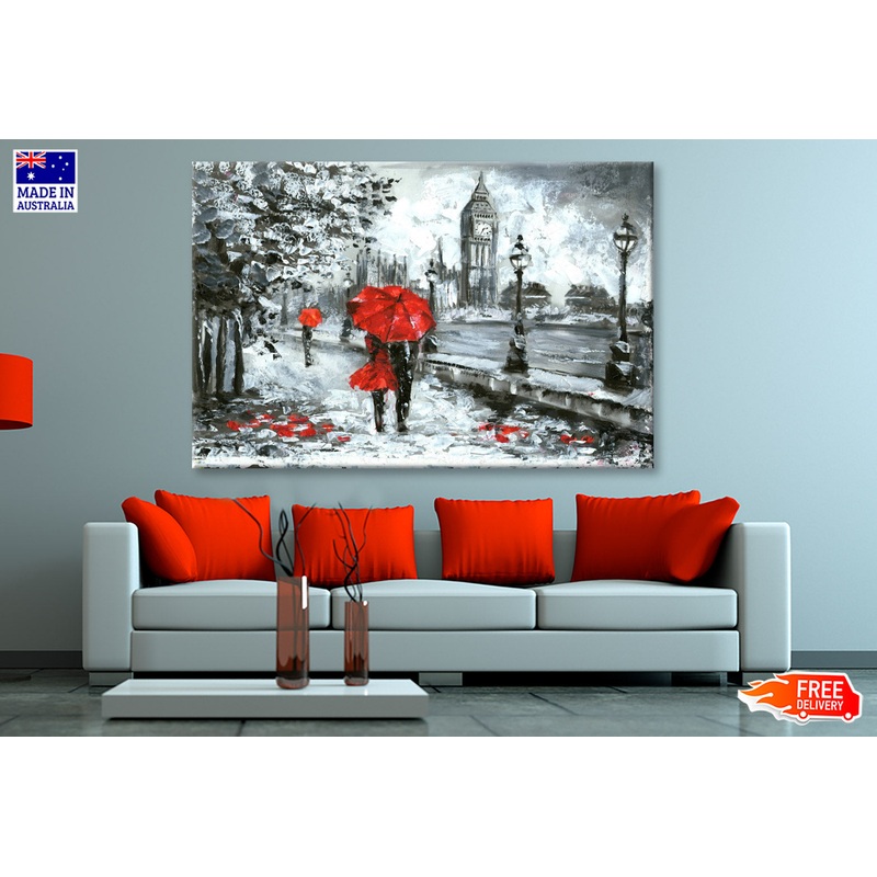 Red Umbrella Couple & Big Ben B&W Oil Painting Wall Art Limited Edition High Quality Print