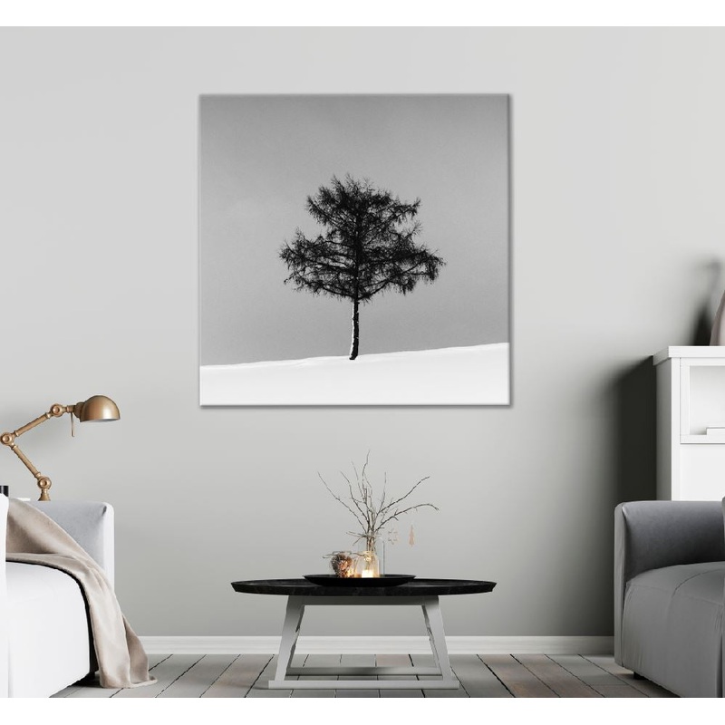 Square Canvas Alone Tree in Snow Field B&W View Photograph High Quality Print 100% Australian Made