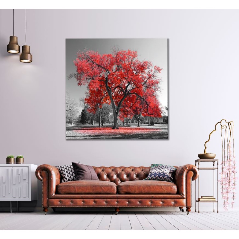 Square Canvas B&W Trees & Red Leaves High Quality Print 100% Australian Made