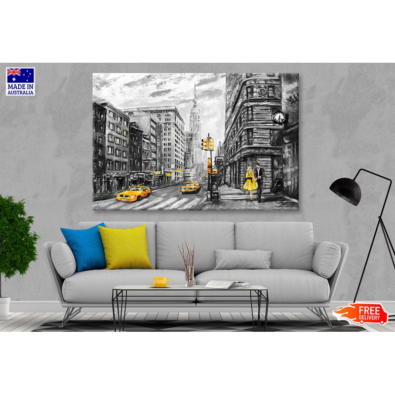Street View of New York Yellow Taxi & Couple B&W Painting Wall Art Limited Edition High Quality Print