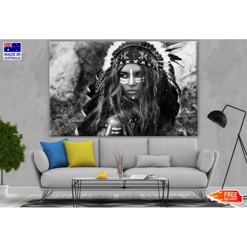 Warrior Girl with Feather Headdress B&W Photograph Print 100% Australian Made