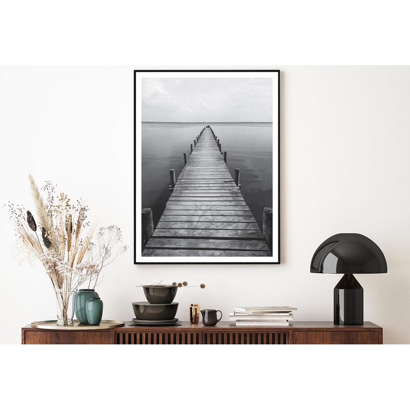 Wooden Pier On Lake  B&W View Home Decor Premium Quality Poster Print Choose Your Sizes