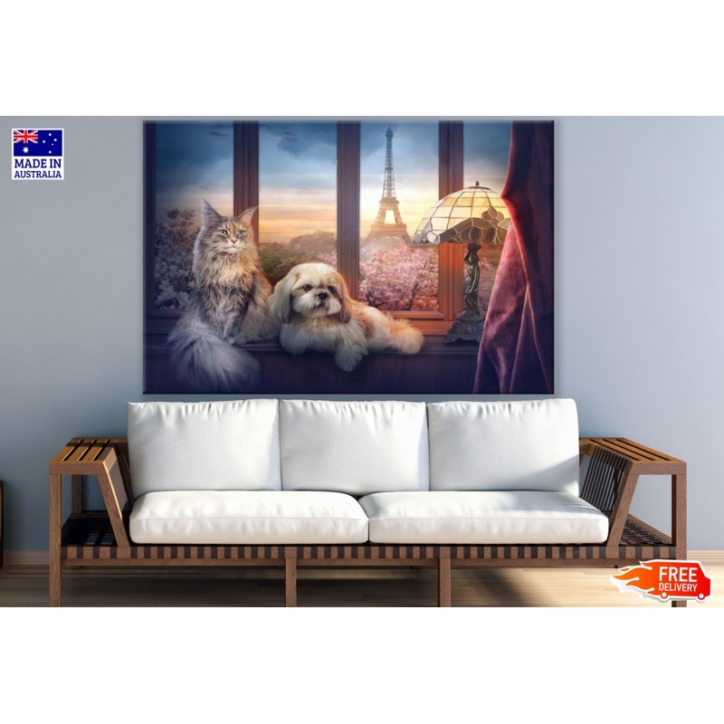 Cat & Dog with Eiffel Tower View Print 100% Australian Made
