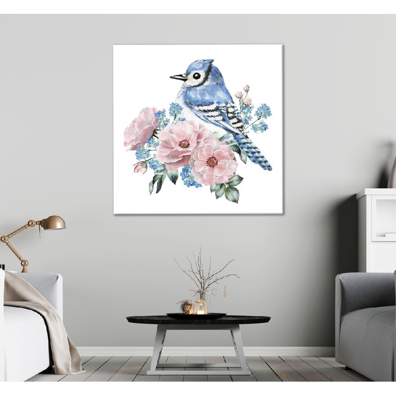 Square Canvas Blue Bird on Flowers Painting High Quality Print 100% Australian Made