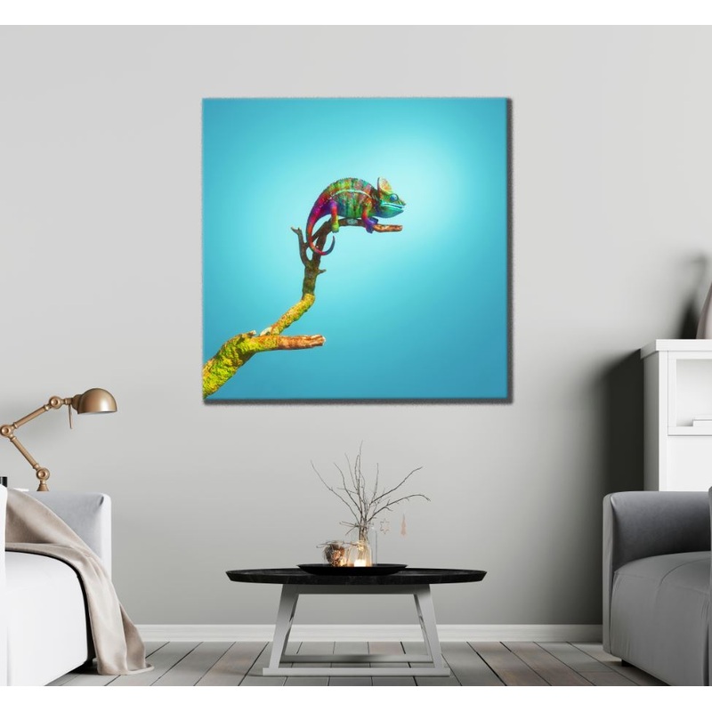 Square Canvas Colorful Chameleon on a Tree High Quality Print 100% Australian Made