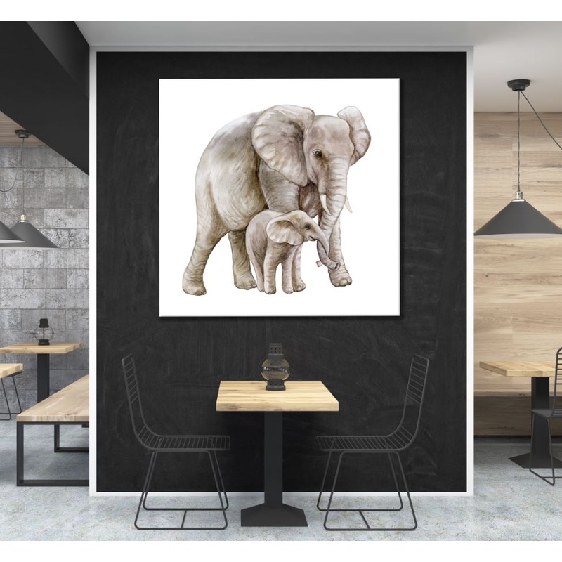 Square Canvas Elephant & Calf Painting High Quality Print 100% Australian Made
