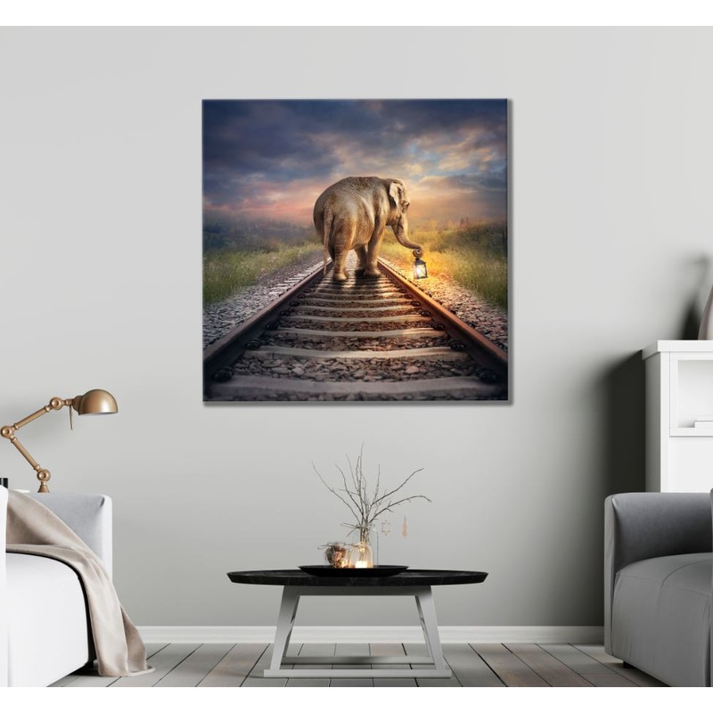 Square Canvas Elephant on Rail Track Art High Quality Print 100% Australian Made