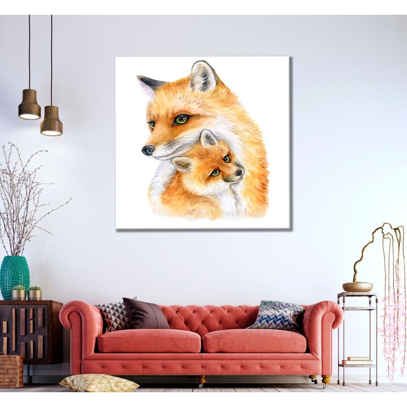 Square Canvas  Fox & Cub Watercolor Painting High Quality Print 100% Australian Made