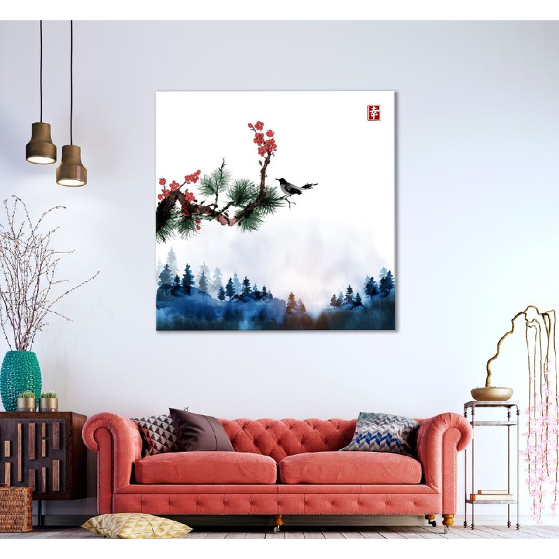 Square Canvas Bird on Red Flower Branch & Mountains Watercolor Painting High Quality Print 100% Australian Made