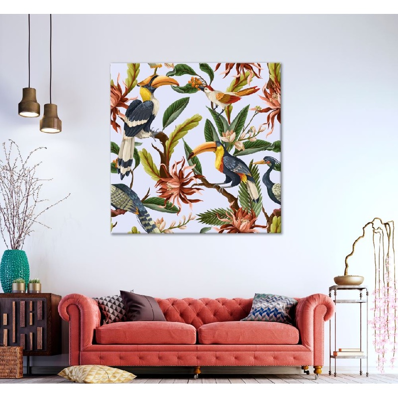 Square Canvas Birds Leaves & Flowers Vector Art High Quality Print 100% Australian Made