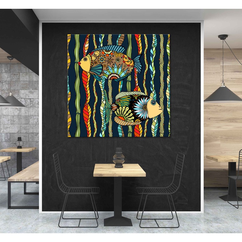 Square Canvas Fish with Colorful Leaves Art High Quality Print 100% Australian Made