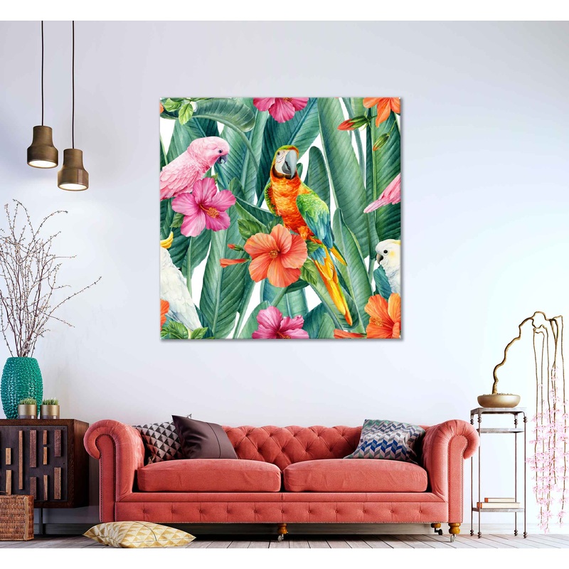 Square Canvas Hibiscus Leaves & Parrot Vector Design High Quality Print 100% Australian Made