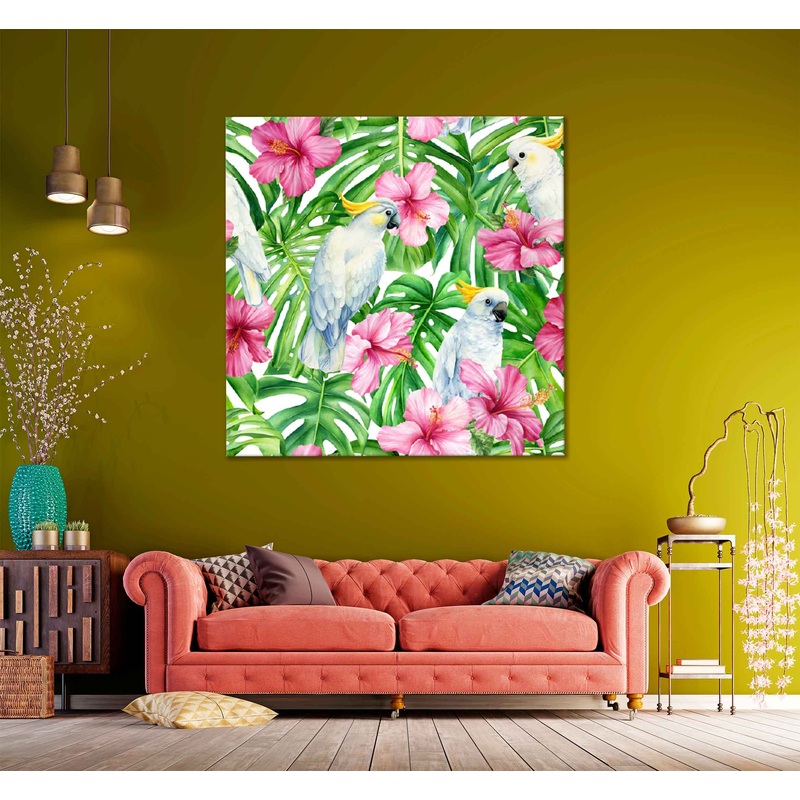 Square Canvas Hibiscus & White Parrot  Vector Design High Quality Print 100% Australian Made